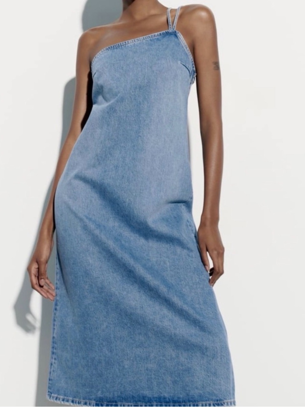 Zara Light Blue One-Shoulder Denim Jean Midi Dress Size XS